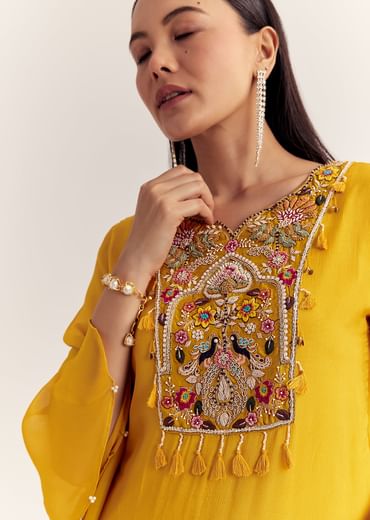 Mustard Chinon Asymmetrical Embroidered Kurta Set With Dupatta