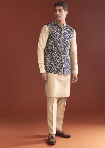 Blue Silk Bandhani Kurta Jacket Set For Men With Geometric Motifs