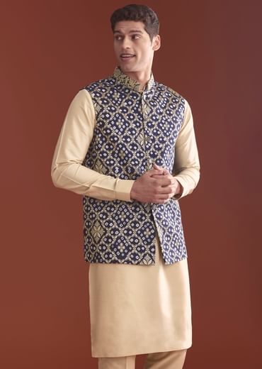 Blue Silk Bandhani Kurta Jacket Set For Men With Geometric Motifs
