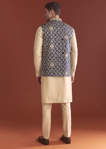 Blue Silk Bandhani Kurta Jacket Set For Men With Geometric Motifs