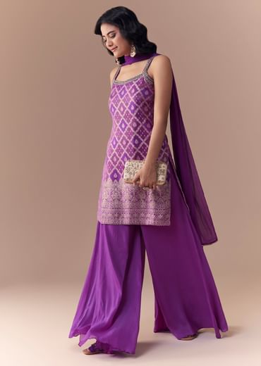 Purple Jacquard Woven Kurta Palazzo Set