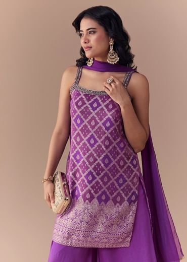 Purple Jacquard Woven Kurta Palazzo Set