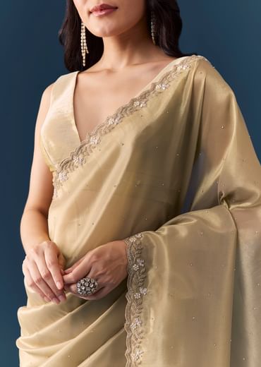 Beige Tissue Embellished Saree with Unstitched Blouse
