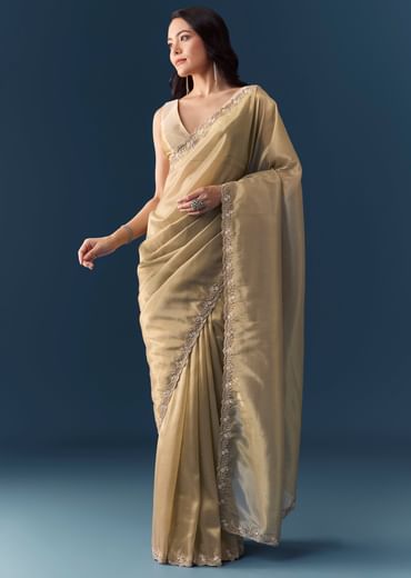 Beige Tissue Embellished Saree with Unstitched Blouse
