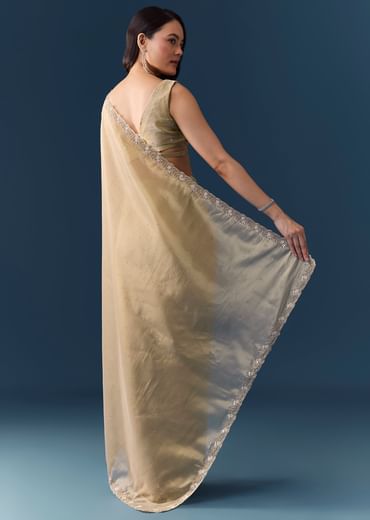Beige Tissue Embellished Saree with Unstitched Blouse