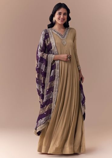 Gold Zardozi Work Anarkali with Dupatta