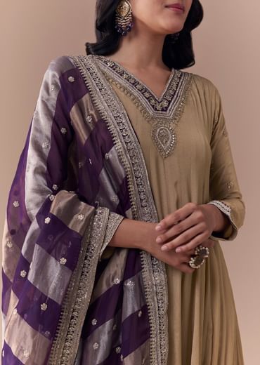 Gold Zardozi Work Anarkali with Dupatta