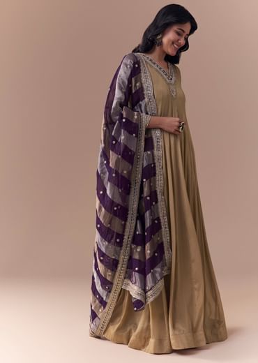 Gold Zardozi Work Anarkali with Dupatta