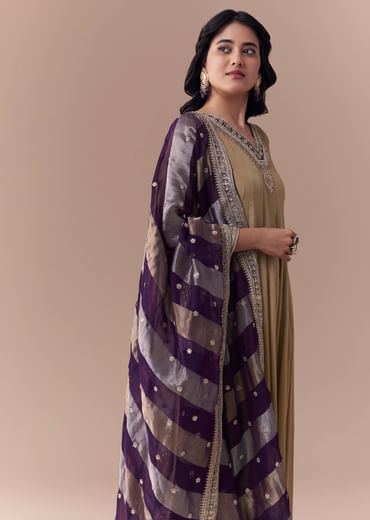 Gold Zardozi Work Anarkali with Dupatta