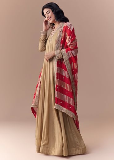 Gold Zardozi Embellished Anarkali with Dupatta
