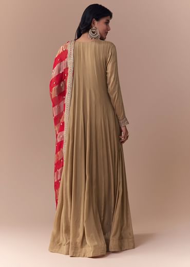 Gold Zardozi Embellished Anarkali with Dupatta