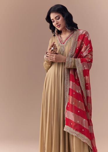 Gold Zardozi Embellished Anarkali with Dupatta