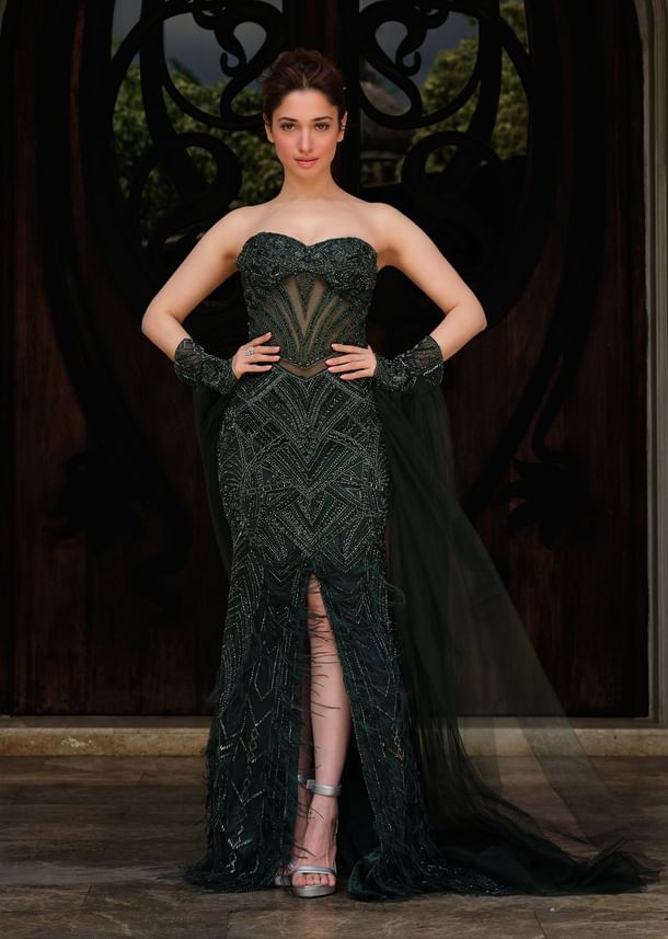 Green Net Bridal Gown With Cut Dana And Beads Embroidery