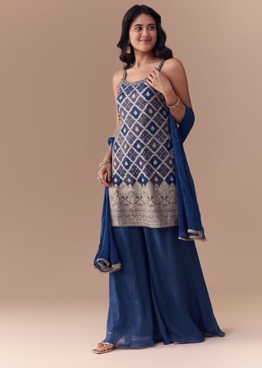 Blue Jacquard Woven Kurta Palazzo and Dupatta Set