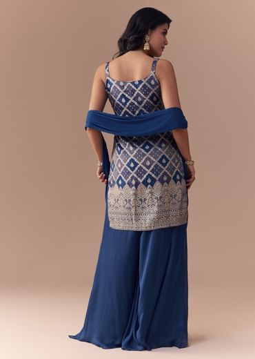 Blue Jacquard Woven Kurta Palazzo and Dupatta Set