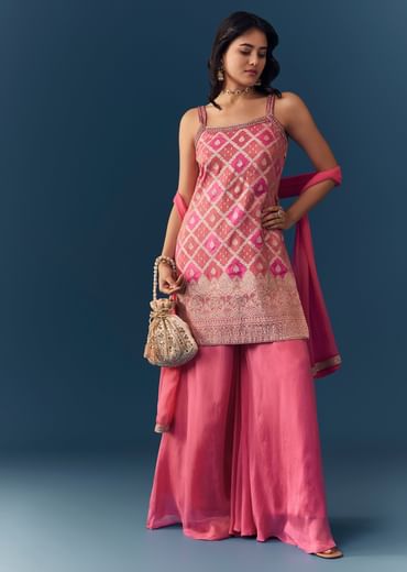 Pink Jacquard Weave Kurta Palazzo Set