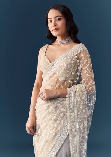 Off White Net Jaal Embellished Saree with Unstitched Blouse