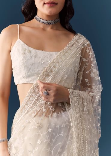 White Net Jaal Resham Work Saree with Unstitched Blouse