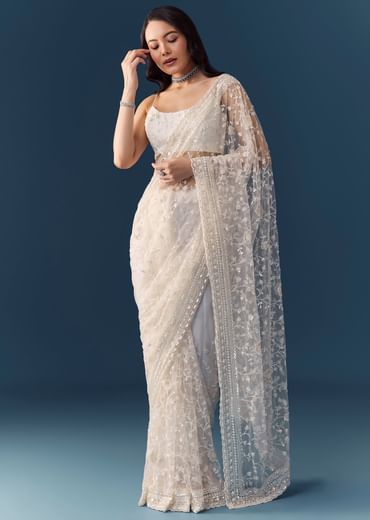 White Net Jaal Resham Work Saree with Unstitched Blouse