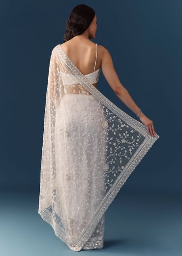 White Net Jaal Resham Work Saree with Unstitched Blouse