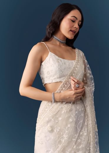 White Net Jaal Resham Work Saree with Unstitched Blouse