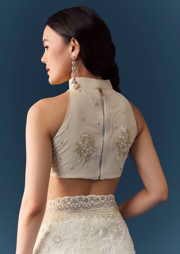 Cream Net Jaal Embellished Saree with Unstitched Blouse