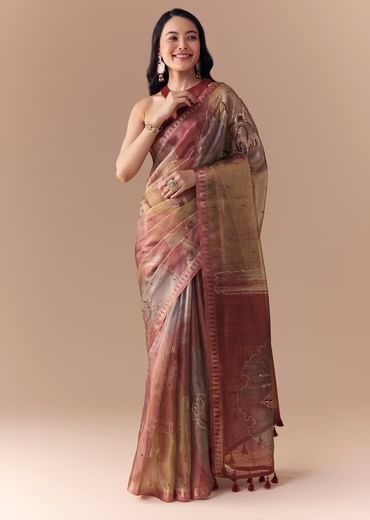 Maroon Shaded Organza Silk Saree with Unstitched Blouse
