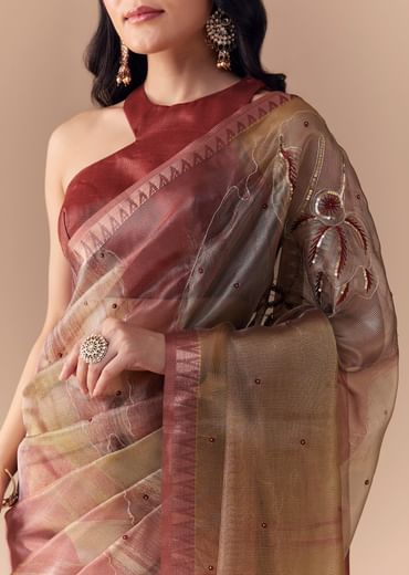 Maroon Shaded Organza Silk Saree with Unstitched Blouse