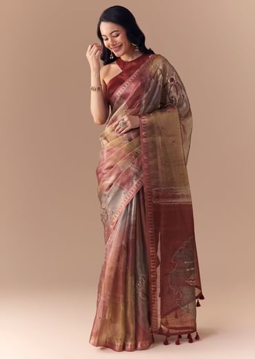 Maroon Shaded Organza Silk Saree with Unstitched Blouse