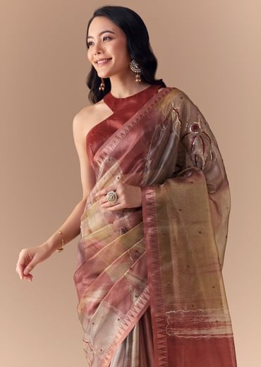 Maroon Shaded Organza Silk Saree with Unstitched Blouse