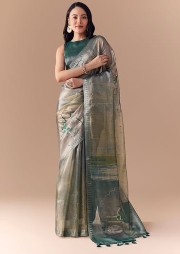 Teal Green Organza Silk Saree with Unstitched Blouse