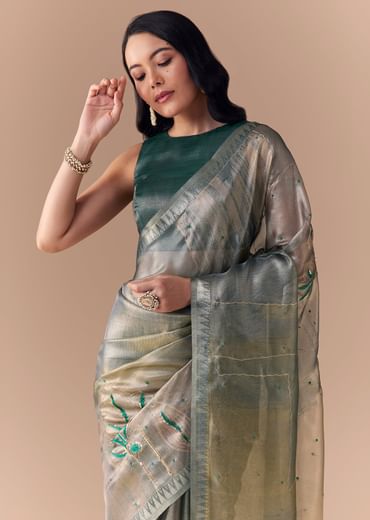 Teal Green Organza Silk Saree with Unstitched Blouse