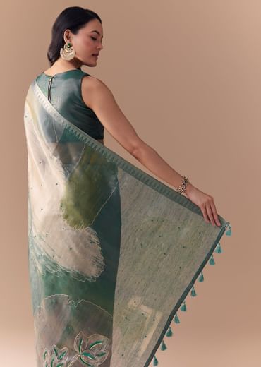 Teal Green Organza Silk Saree with Unstitched Blouse