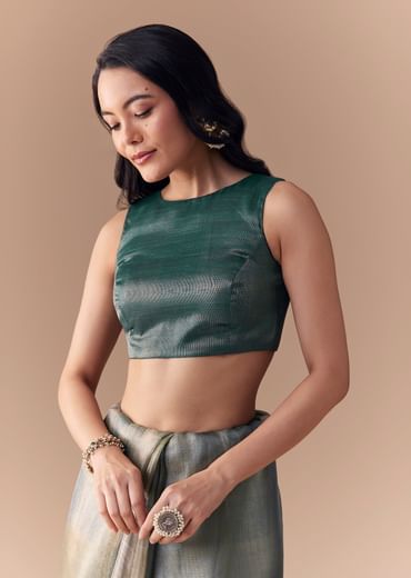 Teal Green Organza Silk Saree with Unstitched Blouse