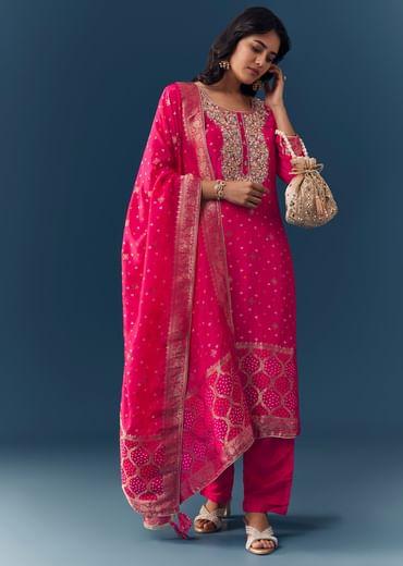 Pink Bandhani Zardozi Work Kurta Set