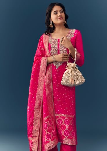 Pink Bandhani Zardozi Work Kurta Set
