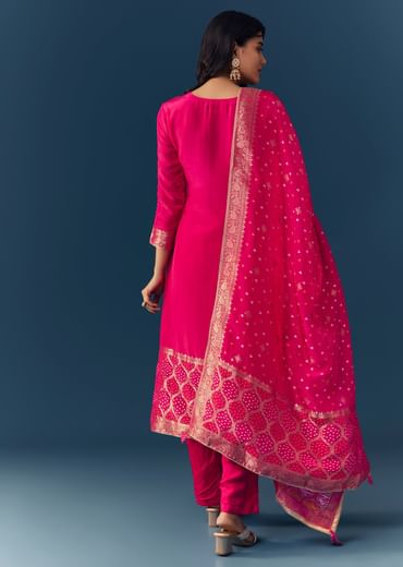 Pink Bandhani Zardozi Work Kurta Set