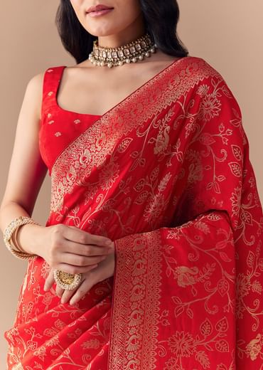 Red Dola Silk Zari Woven Saree with Unstitched Blouse