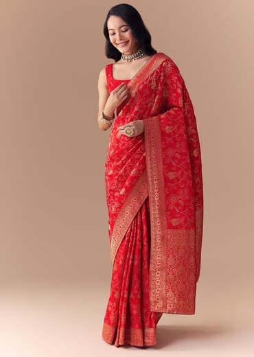 Red Dola Silk Zari Woven Saree with Unstitched Blouse