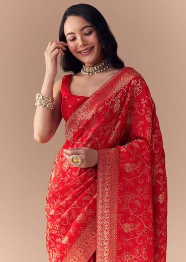 Red Dola Silk Zari Woven Saree with Unstitched Blouse
