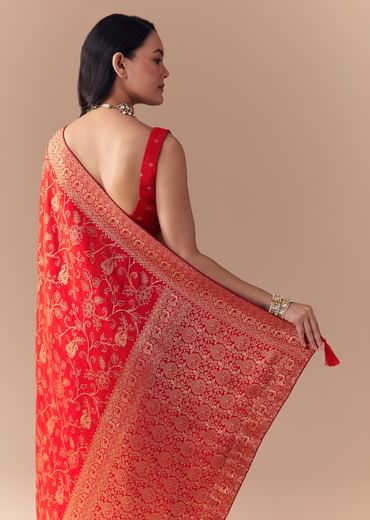 Red Dola Silk Zari Woven Saree with Unstitched Blouse