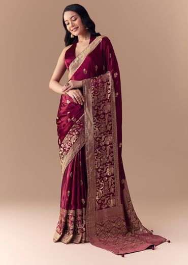 Wine Satin Woven Border Saree with Unstitched Blouse