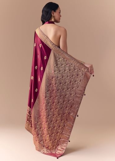 Wine Satin Woven Border Saree with Unstitched Blouse
