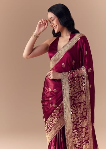 Wine Satin Woven Border Saree with Unstitched Blouse