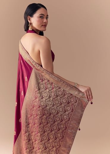 Wine Satin Woven Border Saree with Unstitched Blouse