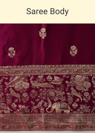 Wine Satin Woven Border Saree with Unstitched Blouse