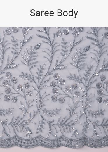 Blue Grey Net Sequin Floral Work Saree with Unstitched Blouse
