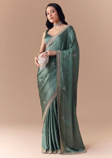 Mint Green Chinon Embroidered Saree with Unstitched Blouse