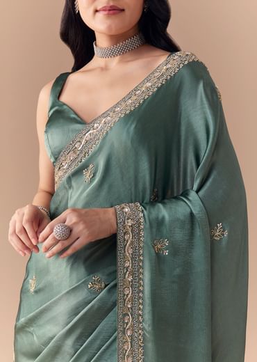 Mint Green Chinon Embroidered Saree with Unstitched Blouse