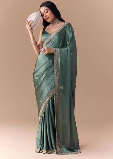 Mint Green Chinon Embroidered Saree with Unstitched Blouse